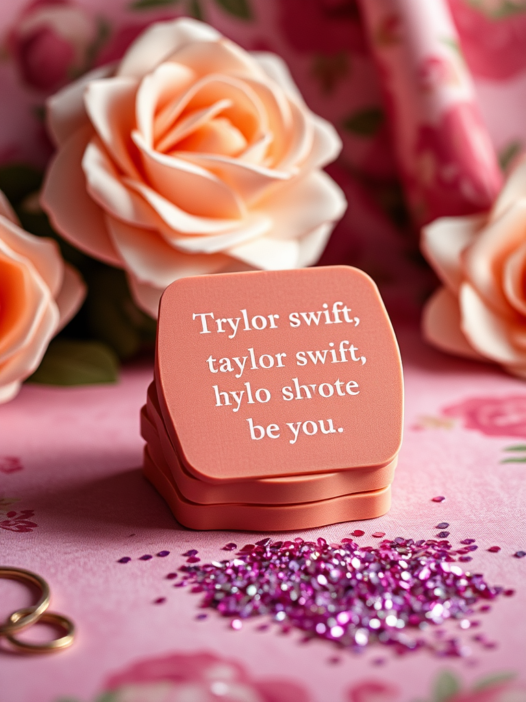 The image is of a collection of pink objects with flowers in the background, one, with a square light pink object with the...