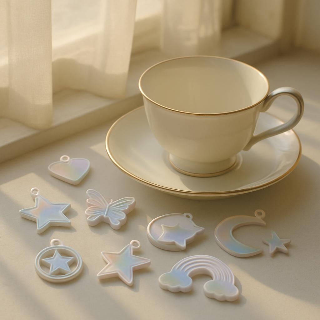 A collection of pendants with various shapes, including stars, moons, rainbows, and hearts, arranged on a white surface ne...