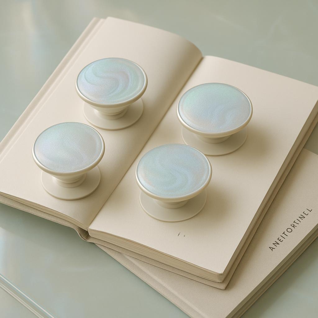 Four cream-colored knobs are placed on a cream-colored, open book with "ANEITORINEL" written on the bottom right corner, s...