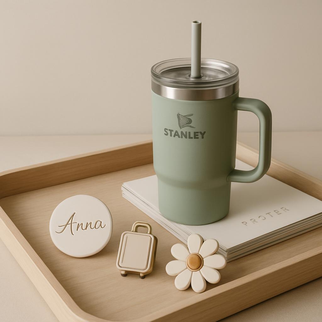 A tray of light wood holds the objects, displaying a plush sage throne mug with the word "STANLEY" written in olive, a boo...