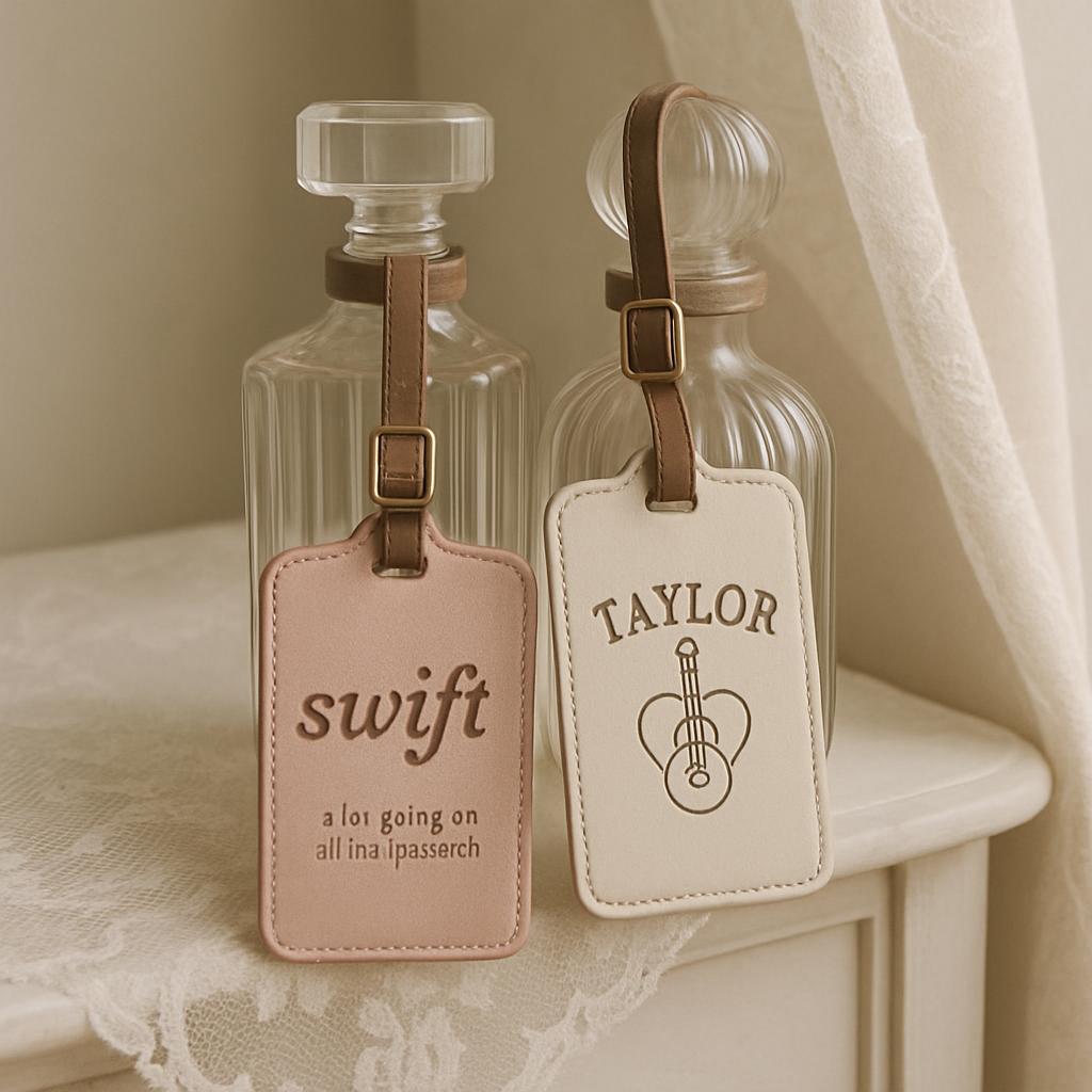 Two luggage tags rest against two decanters on a shelf, both featuring Taylor Swift-themed designs. * The luggage tag that...