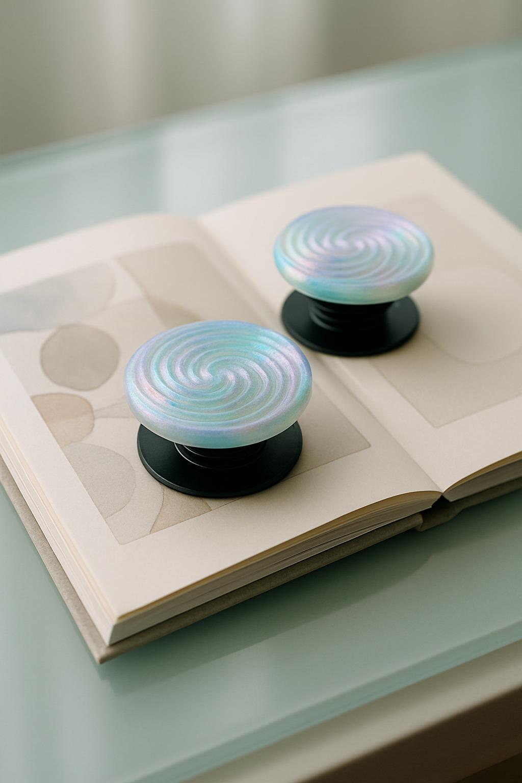 The image depicts black knobs with opalescent shades of blue and pink atop a book.