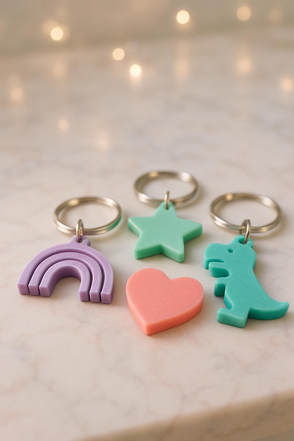 A set of five small, colorful keychain charms featuring a rainbow, heart, dinosaur, and stars. These charms are made of pl...
